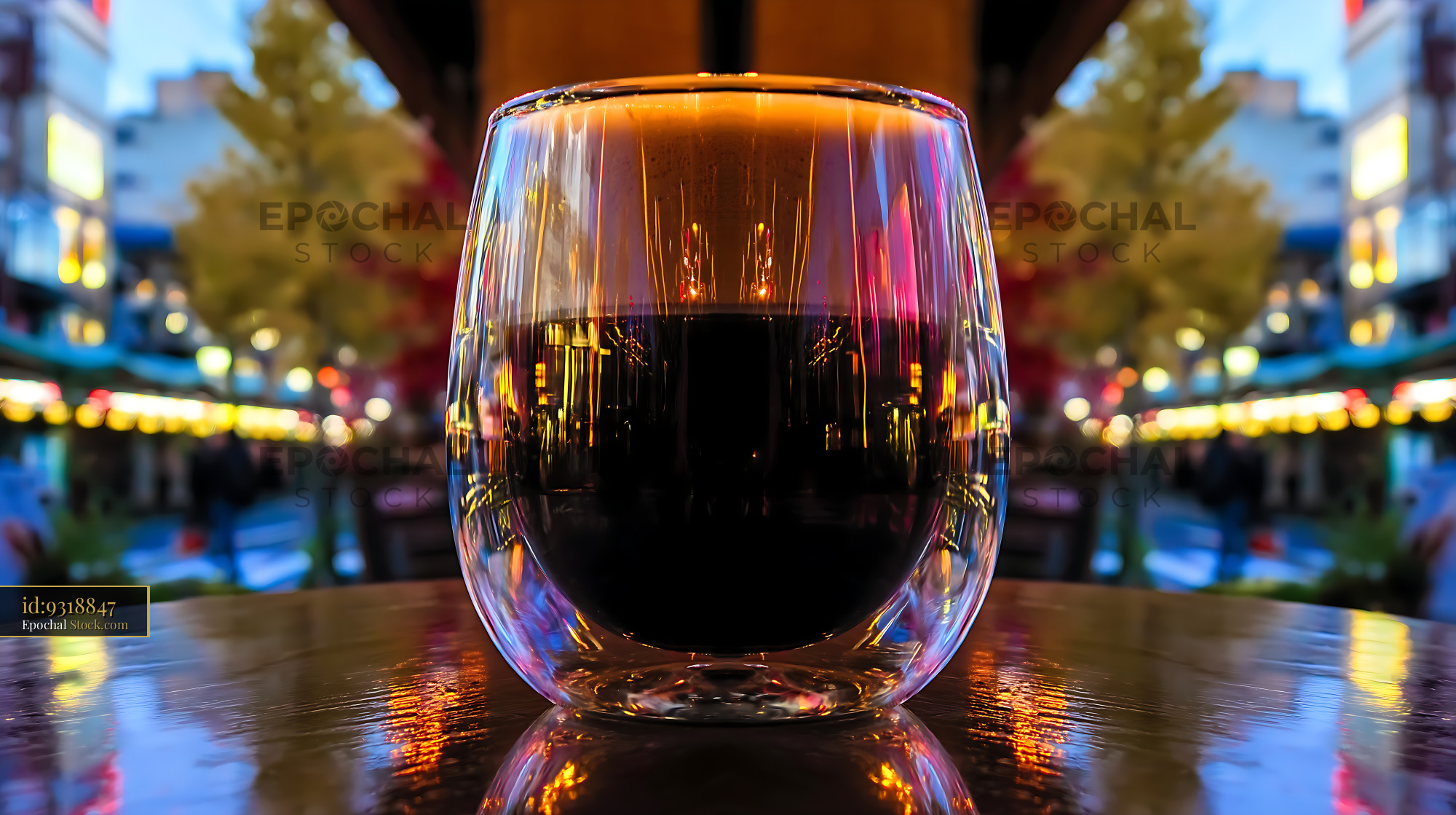 Nitro Caramel Coffee Glistening on Nightlife Bar - stock photo