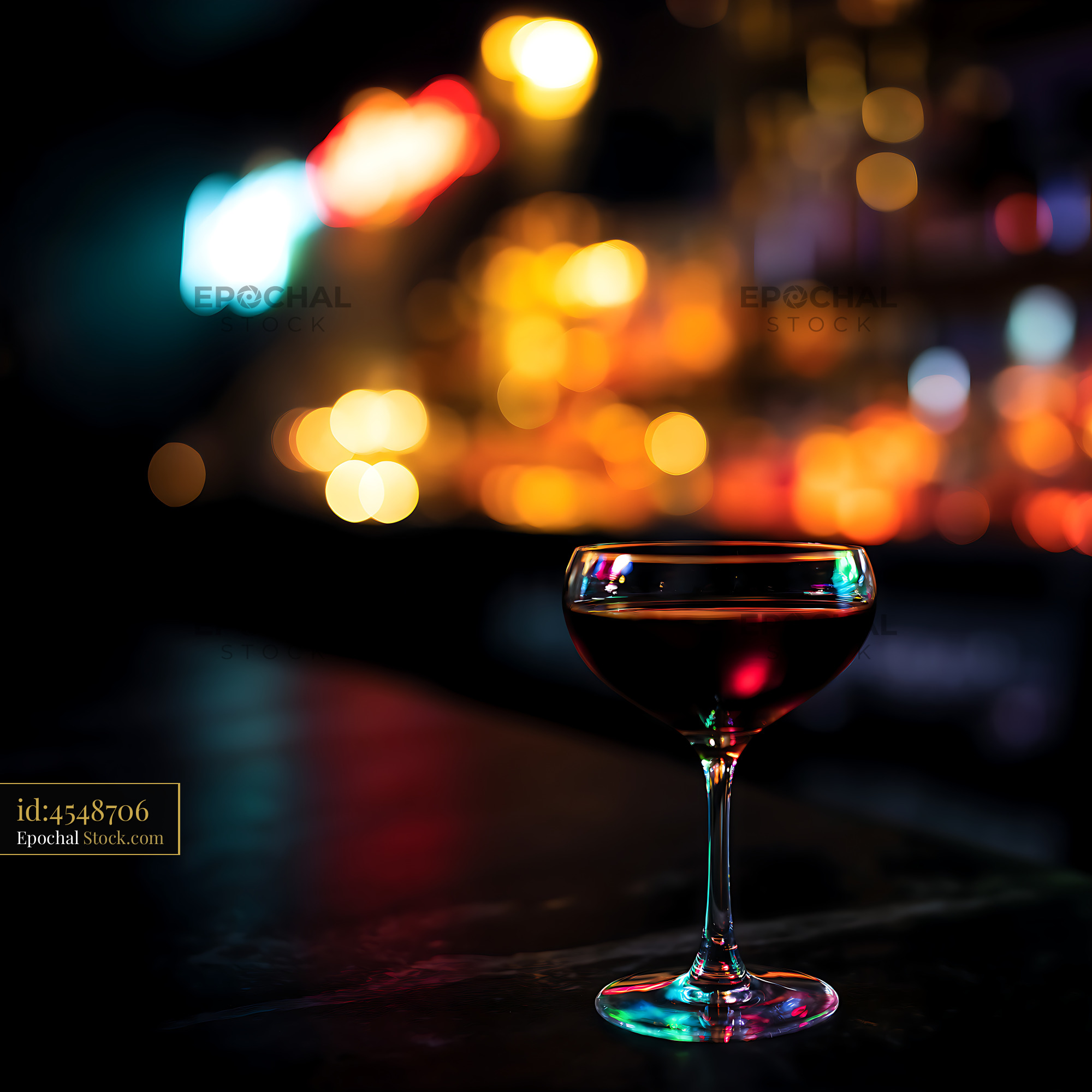 Dark Cocktail Glass With Colorful City Lights - stock photo