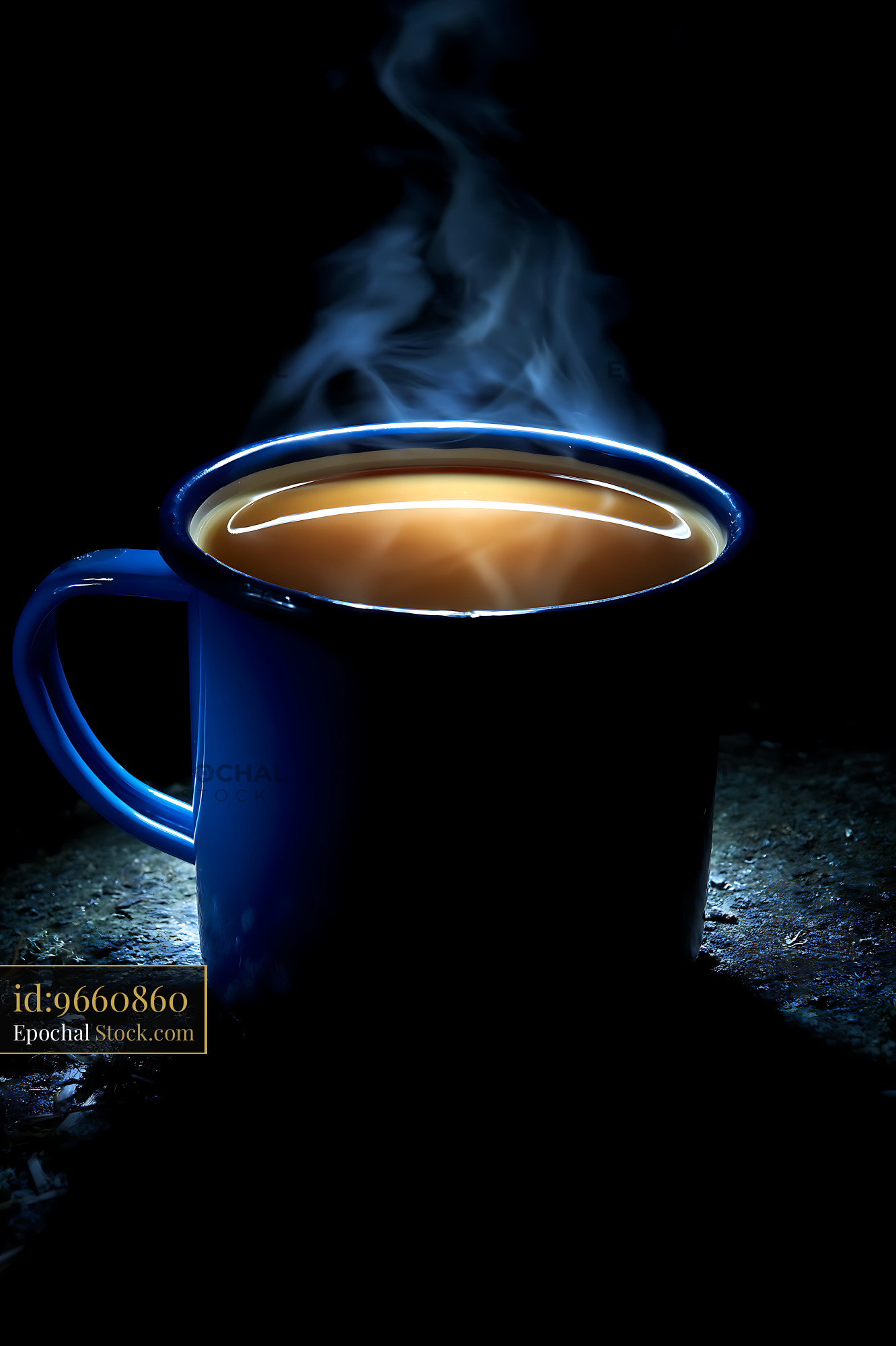 Steaming Hot Drink in Blue Enamel Camping Mug - stock photo