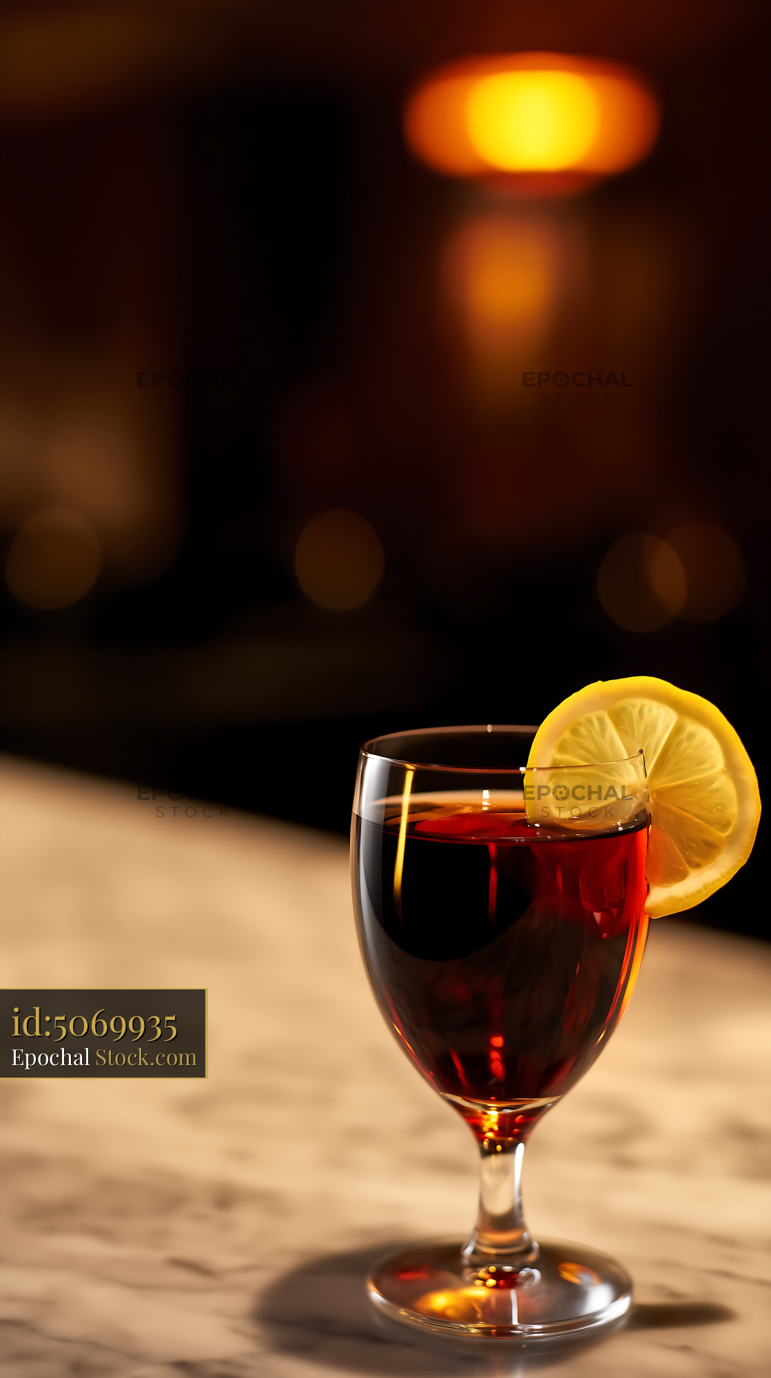 Saratoga Cocktail with Lemon Slice & Bokeh Lights - stock photo