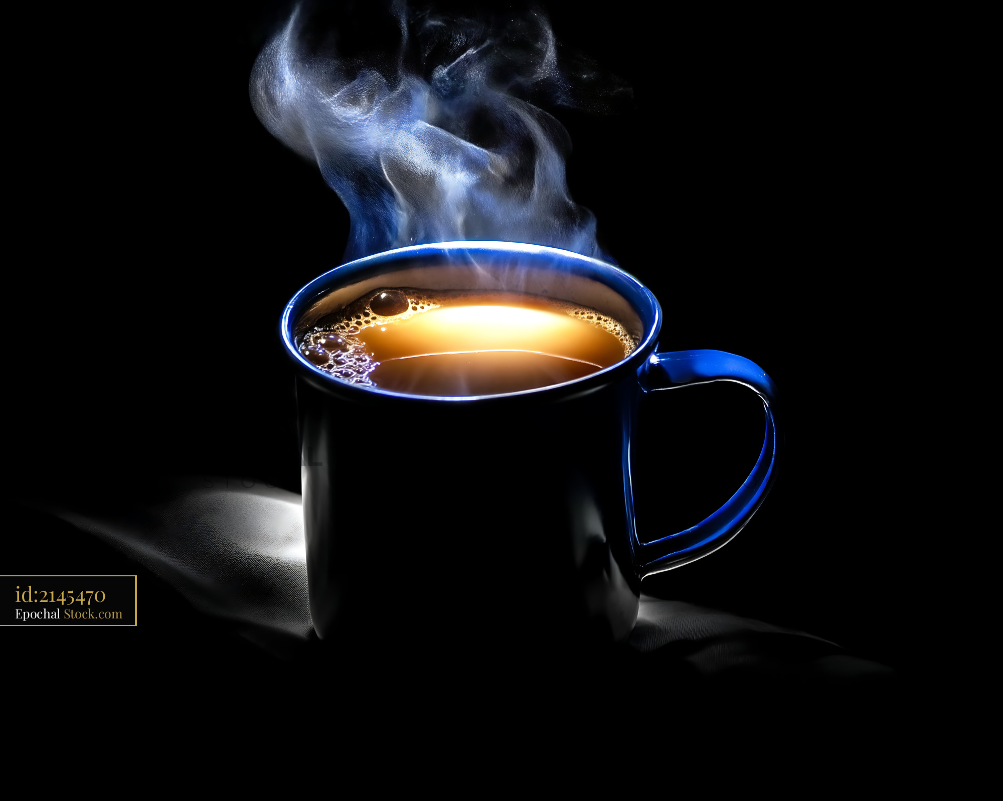 Steaming Hot Coffee in Blue-Rimmed Mug - stock photo