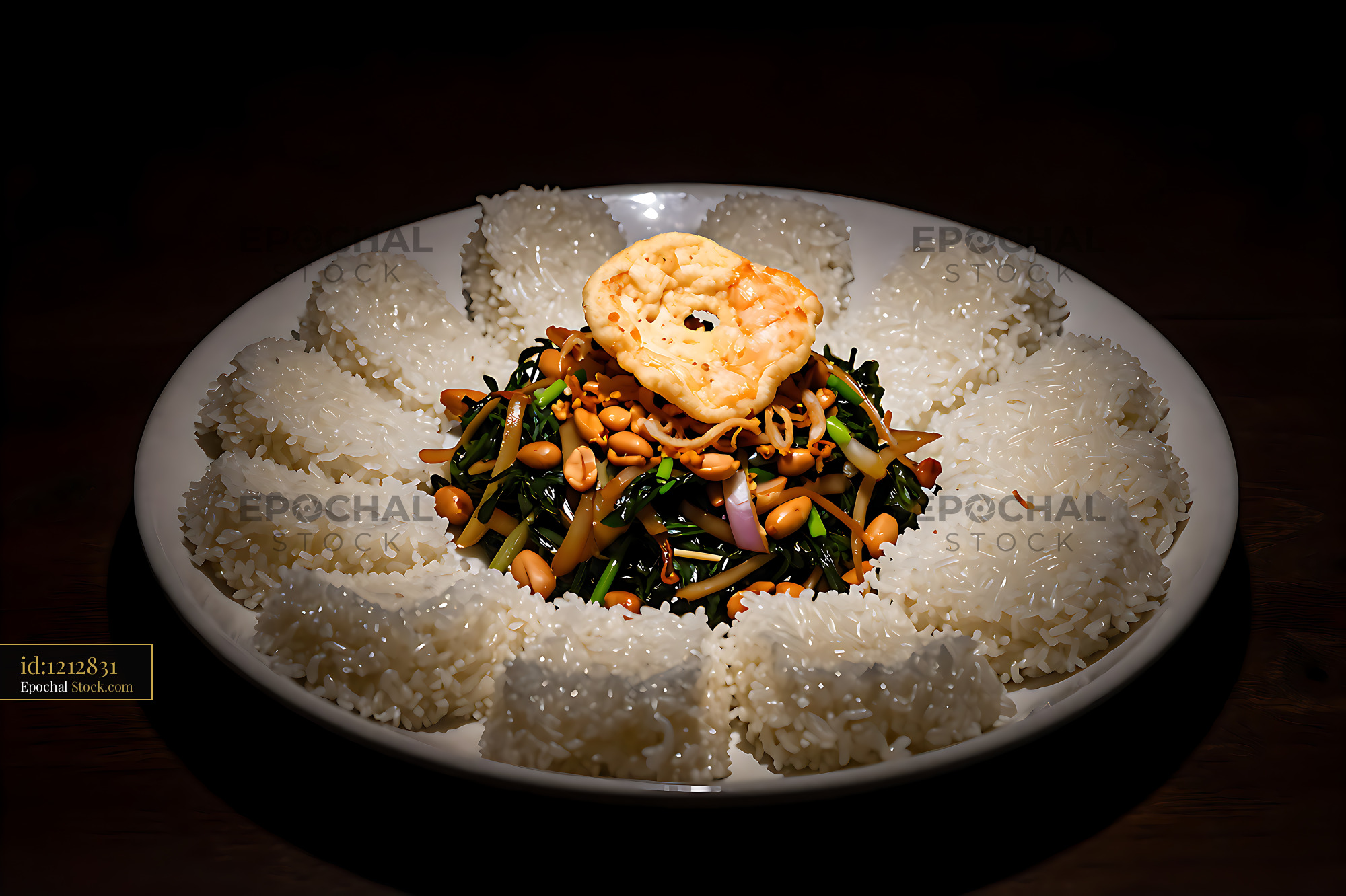 Shrimp Stir-Fry with Molded Rice Presentation - stock photo