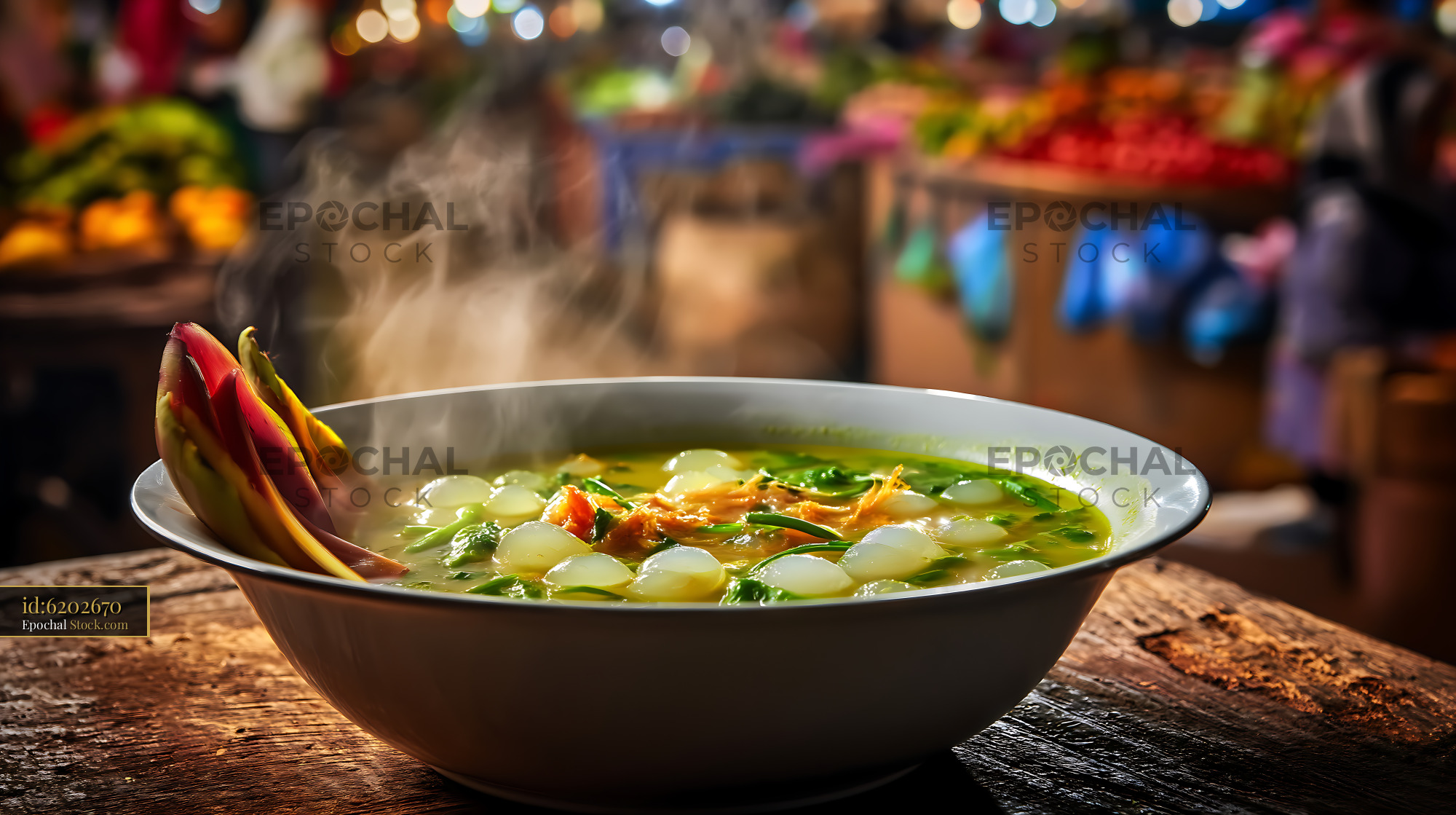 Steaming Kapurung Soup [Adobe ] Bowl on Rustic Market Table - stock photo
