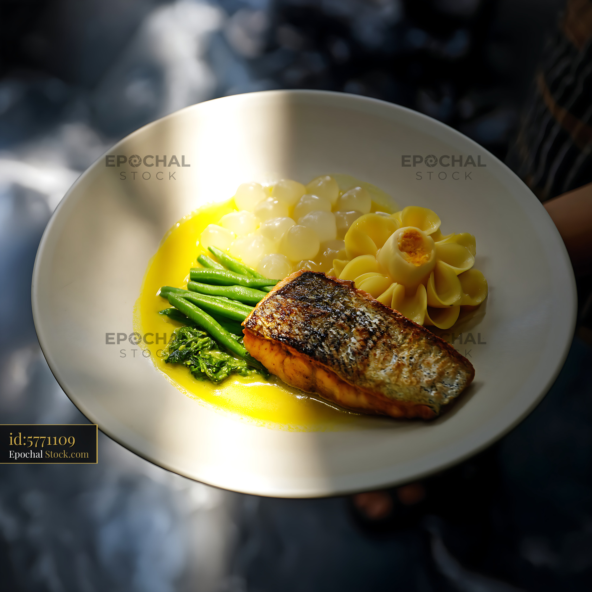Gourmet Kapurung Soup [Adobe ] with Seared Fish & Greens - stock photo