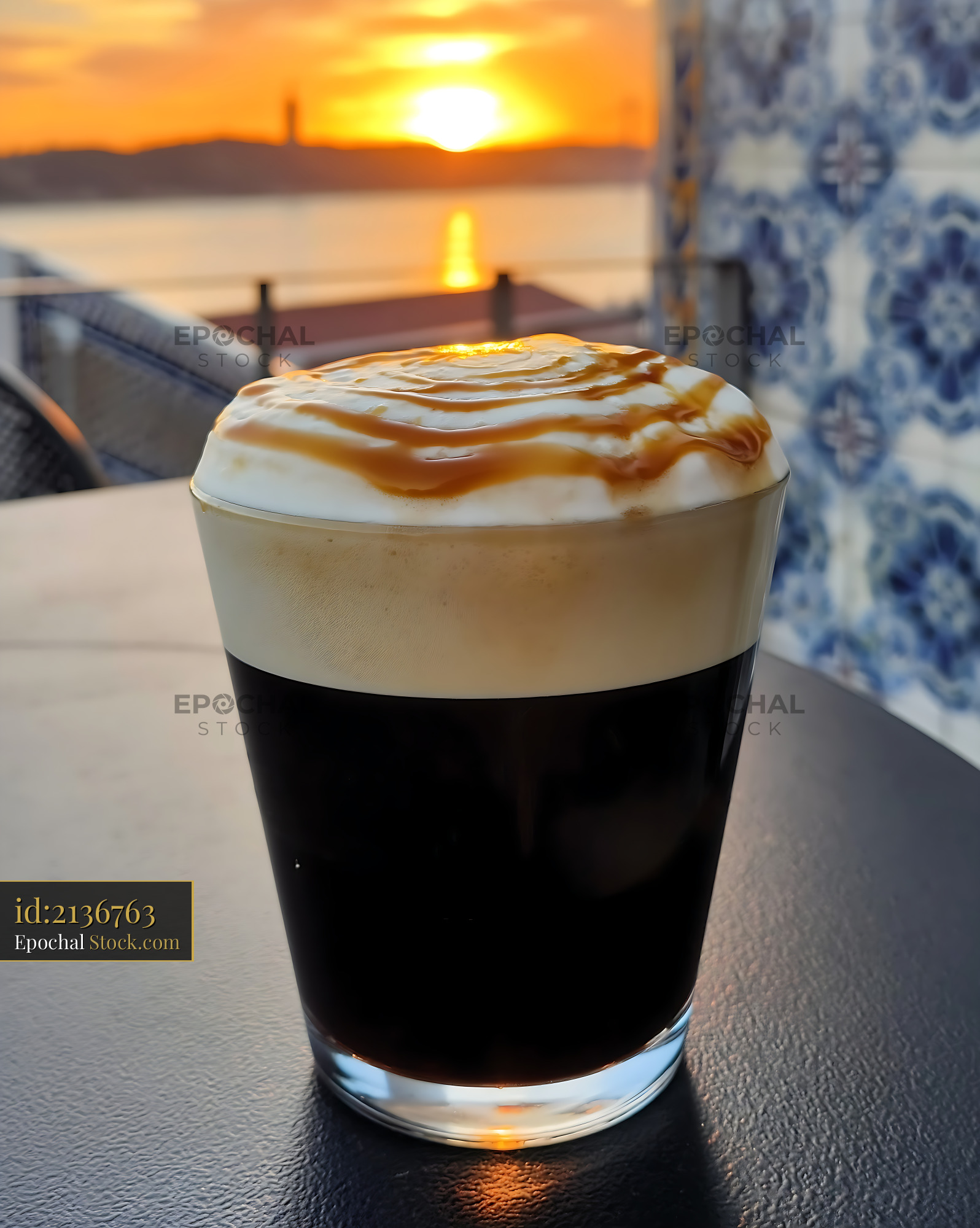 Nitro Caramel Coffee with Golden Sunset - stock photo