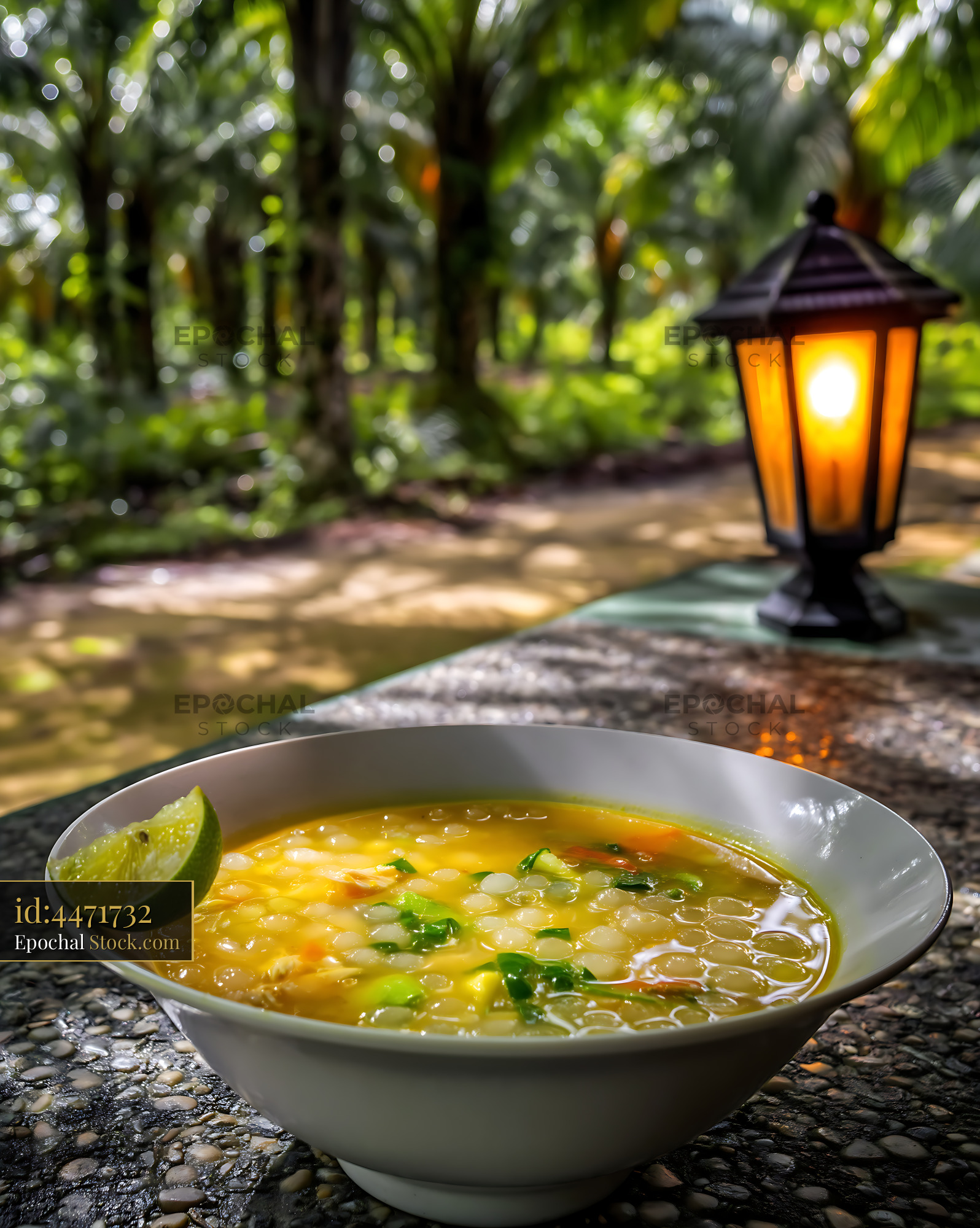 Exotic Lor Mee Soup in Tropical Garden with Lantern - stock photo