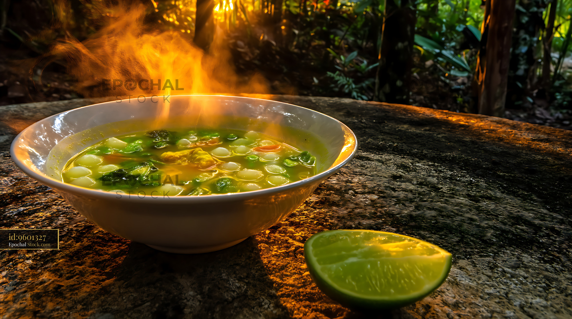 Steaming Soup Bowl with Lime on Stone in Forest Sunlight - stock photo