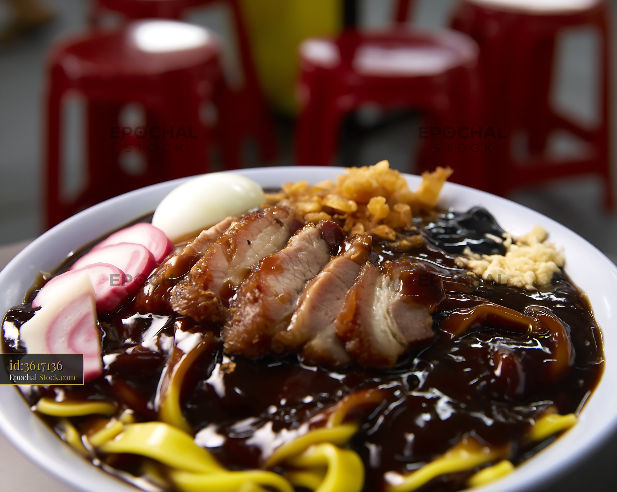 Lor Mee Soup with Pork Belly, Egg, and Noodles - stock photo
