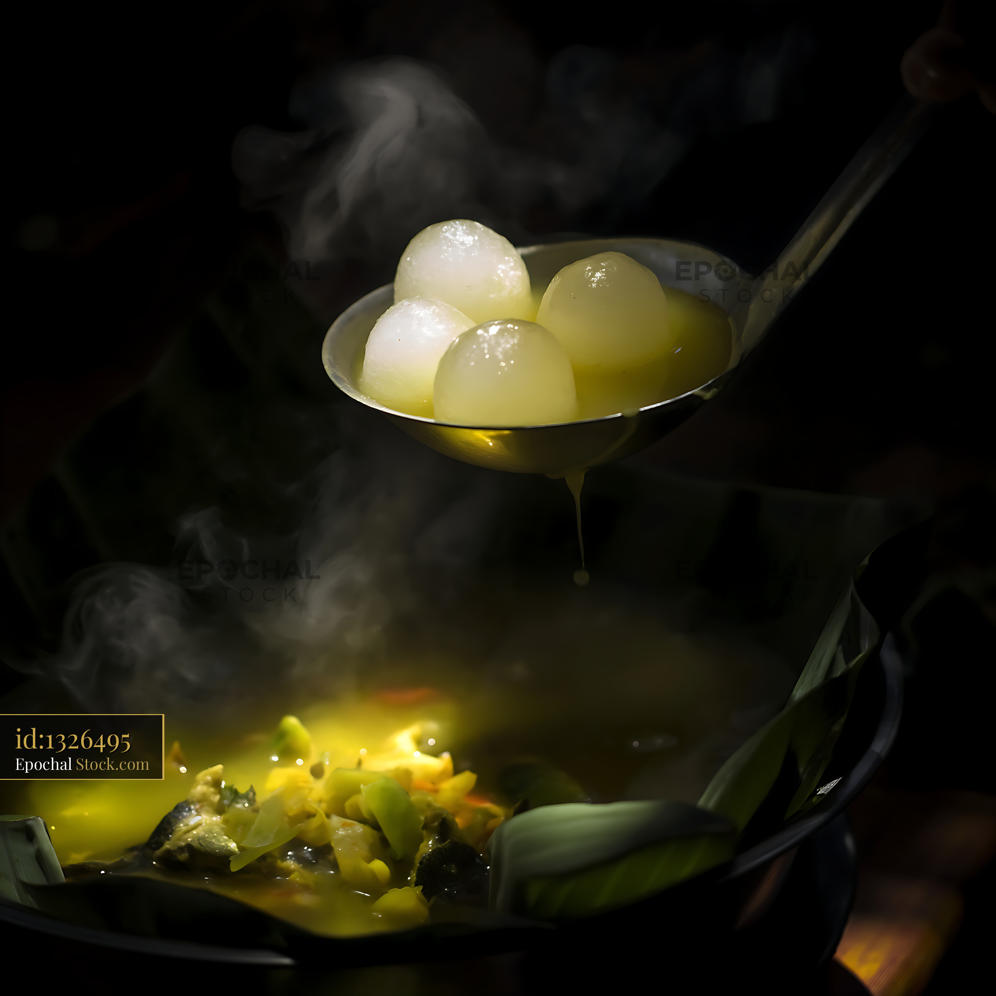 Steaming Lor Mee Soup with Fishballs in Dark Setting - stock photo