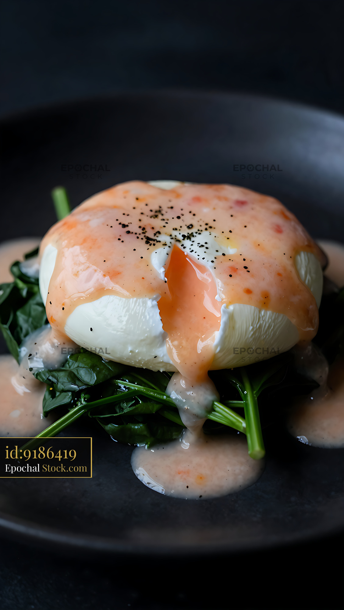 Poached Egg with Runny Yolk on Spinach, Creamy Sauce - stock photo