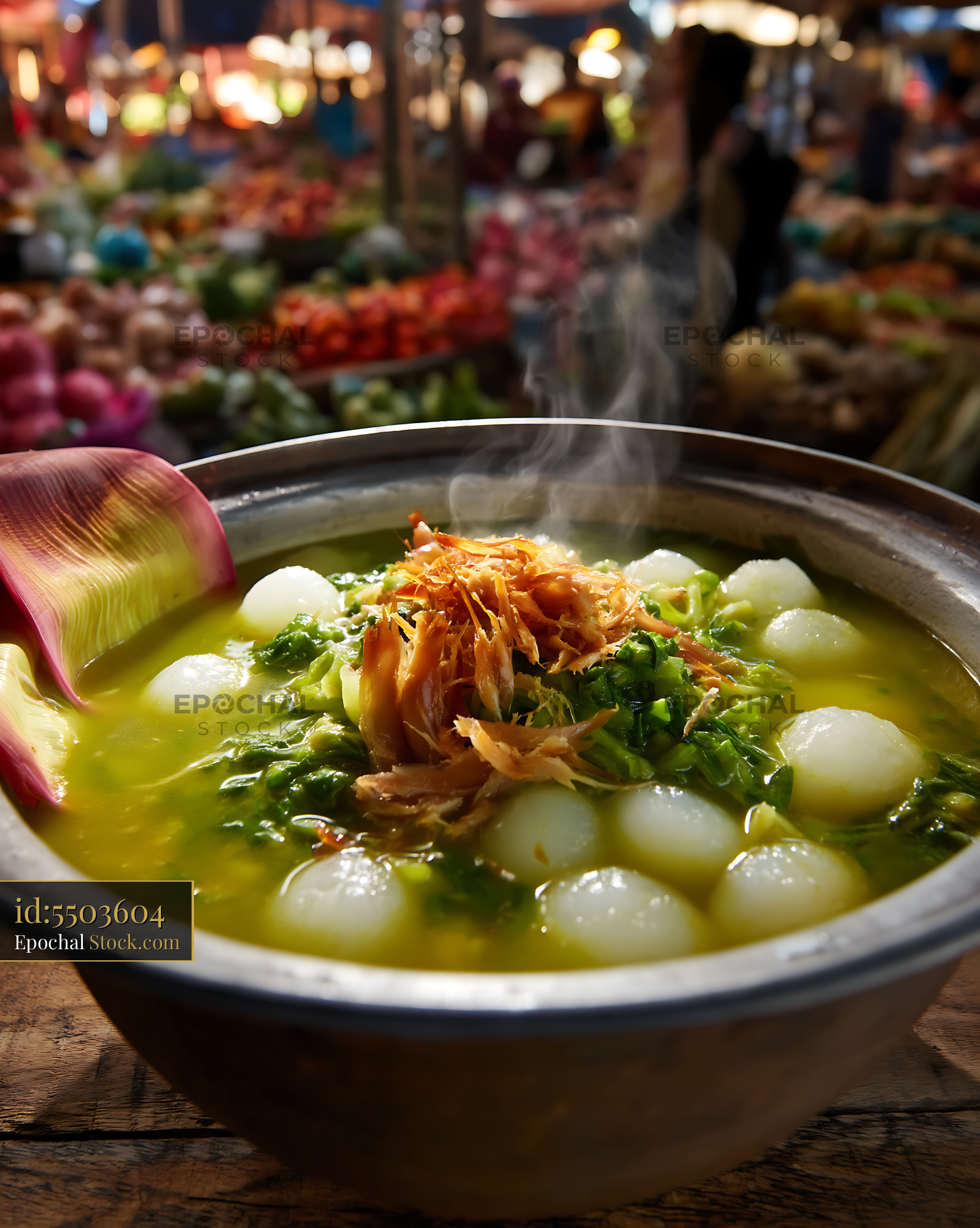 Steaming Lor Mee Soup in Vibrant Asian Market - stock photo